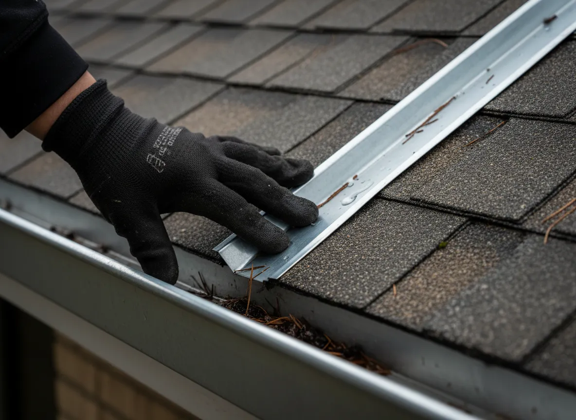 Gutters and flashing being checked on a home roof
